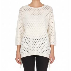 CASHMEREN Off-White COTTON BLEND Open Weave TIE SIDES 3/4 Sleeves SWEATER Sz S